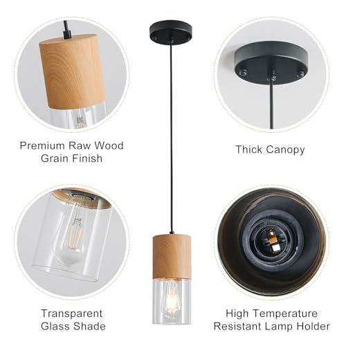 2 Pack Modern Pendant Lights for Kitchen Island (Wood Grain & Transparent—Cord / 2 Pack)