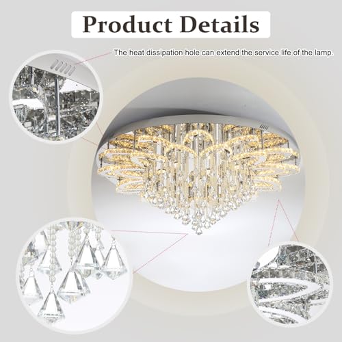 48in Large Crystal Chandelier for Living Room Modern Crystal Raindrop Chandelier Flush Mount Chandeliers for Foyer Dining Room Hallway Dimmable 2700K (Silver / W:48inches)