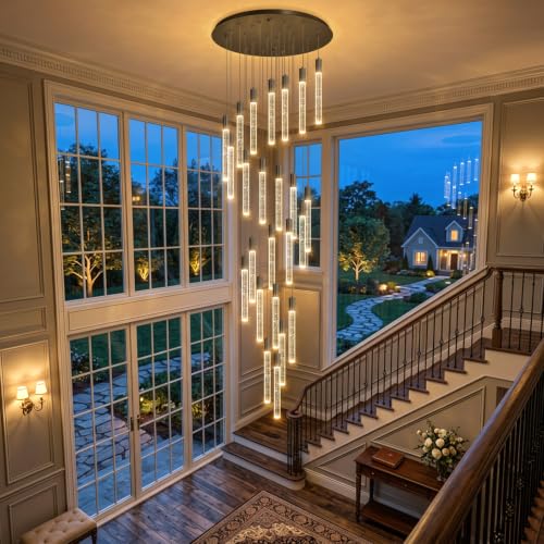 13 Foot High Ceiling Chandelier for Entryway Modern Crystal Lights for Living Room Foyer Flush Mount Sloping Ceiling Pendant Light Fixture Remote Dimmable 24 (24 lights / Black)