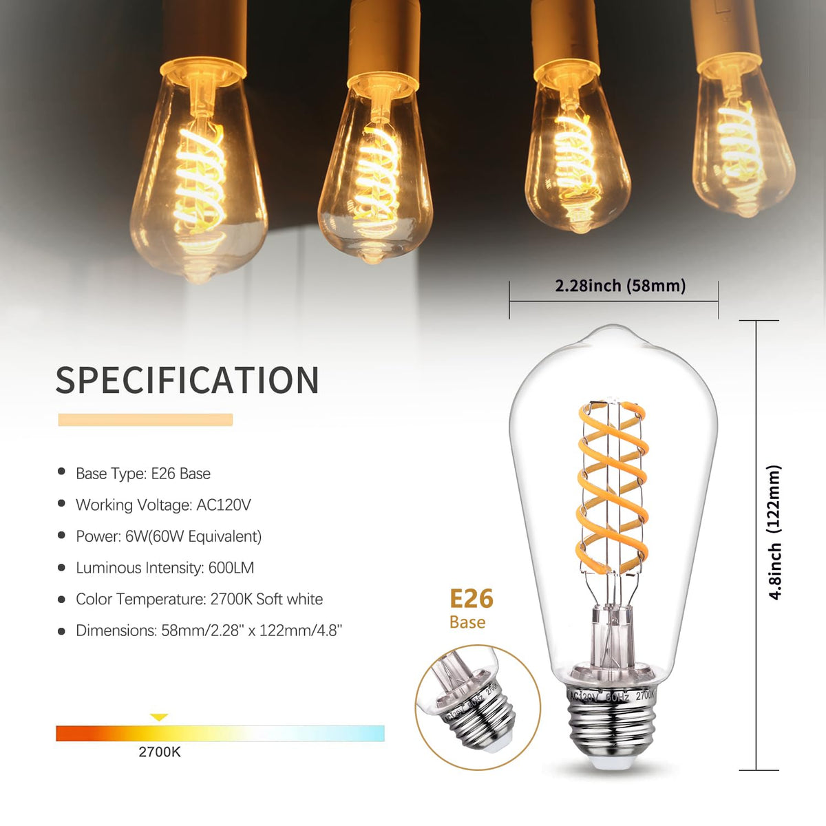 4 PCS ST58 Dimmable Spiral Vintage E26 LED Bulb 60 Watt LED Edison Bulbs (2700k 4pack)