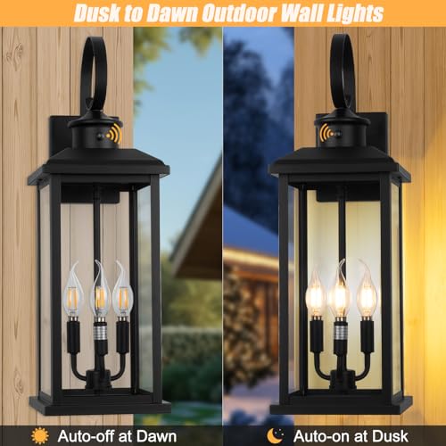 24" Dusk to Dawn Outdoor Wall Light Fixture Extra Large Lamp 2Pack (Black / Dusk to Dawn)
