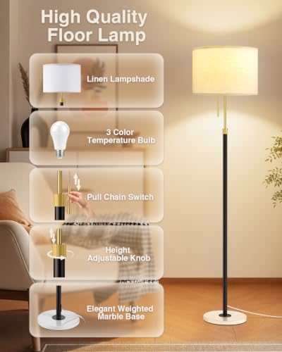 Height Adjustable Modern Floor Lamp (Matte Black & White Marble Base / 65 Inches (With Bulb))
