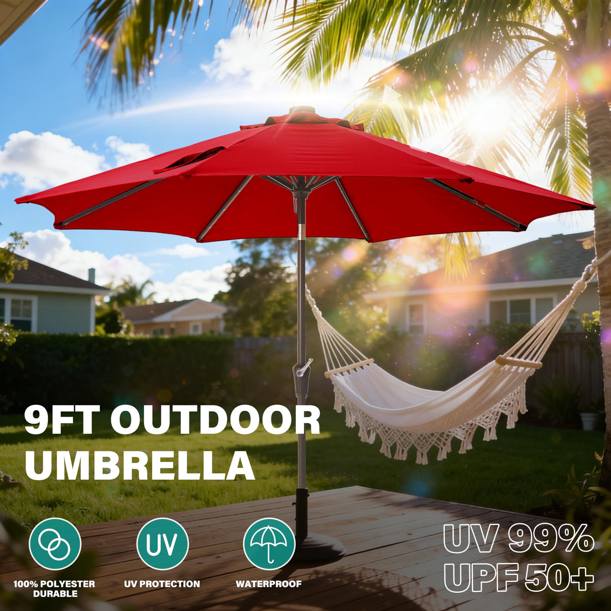 9 ft Patio Umbrella with lights Outdoor Table Umbrella for pool red (Red / 9FT)