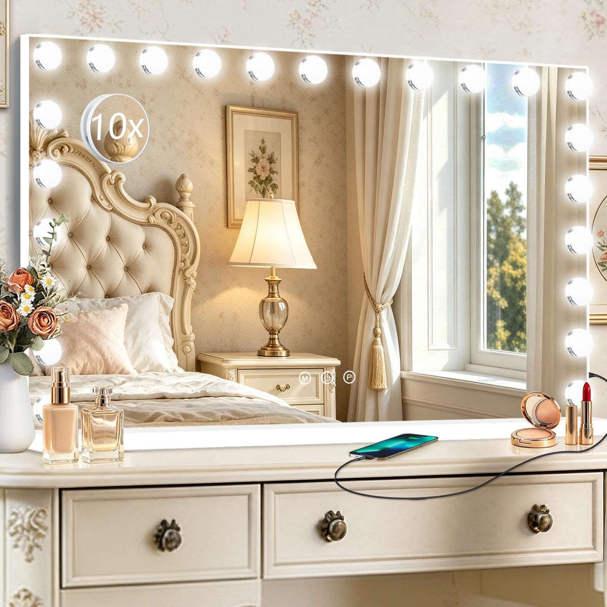 Hollywood Vanity Mirror with Lights (White / 44"L x 30"W)