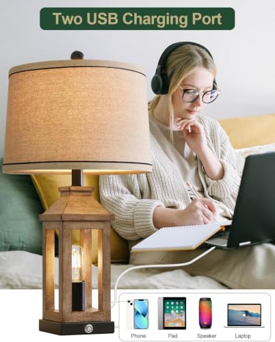 23.75" Farmhouse Table Lamps USB A+C Charging Ports 3 (Wood)