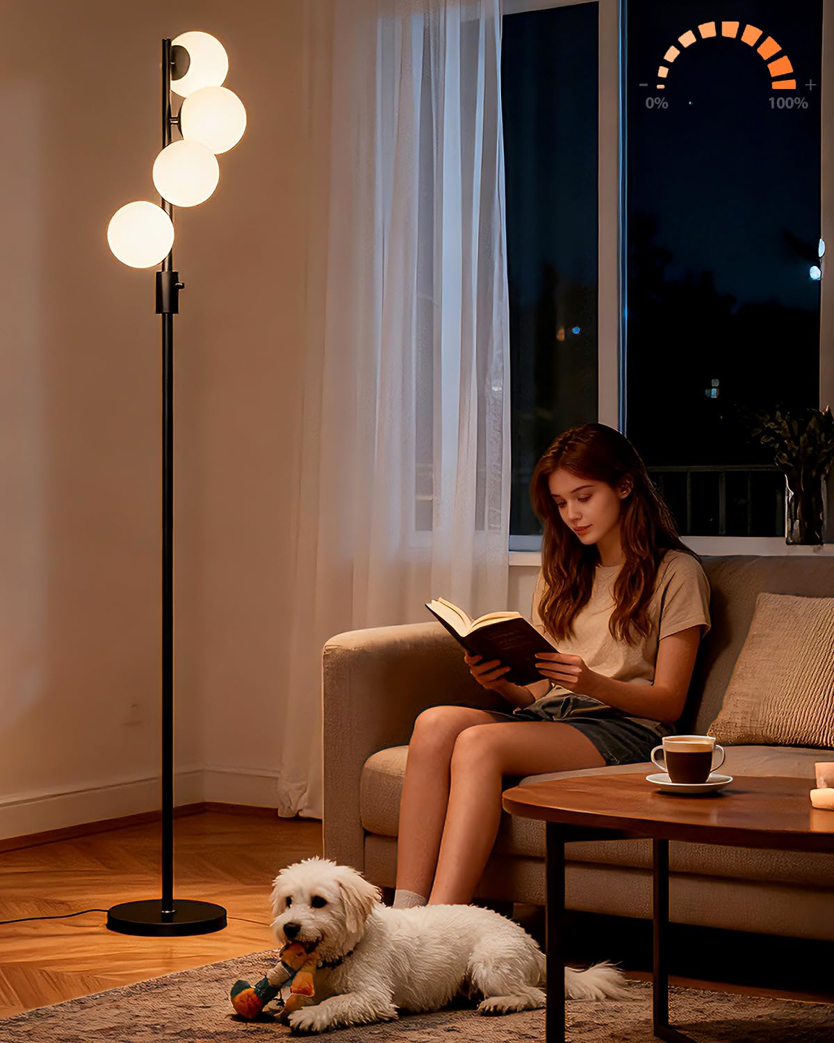 Black Globe Floor Lamp Dimmable 64IN Tall Standing Lamps with Soft Warm White Eye Care 3000K G9 Bulbs (Black-4)