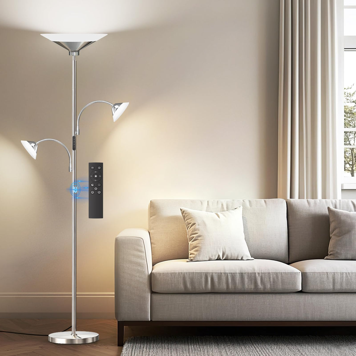 42W 3 Light Torchiere Floor Lamp (Metal Silver)