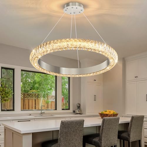 24" Ring Modern LED Dimmable Crystal Chandelier Adjustable Height Pendant Light Round Crystal Chandelier Light Fixtures for Dining Room Living Room Kitchen Island Silver (Silver / 1 Ring Round 24")
